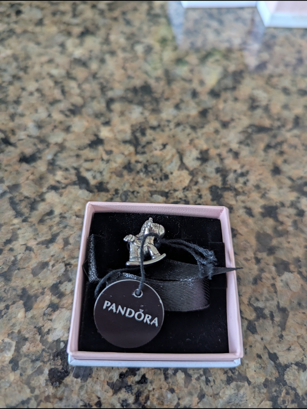 Pandora Silver Rocking Horse Charm with Black Tag and Ribbon